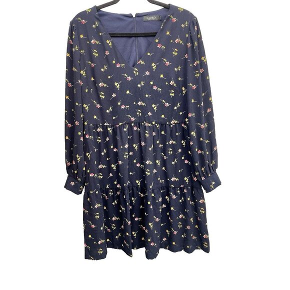 Lauren Ralph Lauren Dresses & Skirts - Ralph Lauren Floral Long Sleeve V-Neck Crepe Style Mini Dress Navy Blue  Size 12
